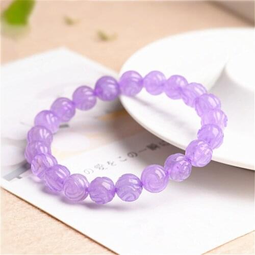 Grade AAA Natural Light Purple Amethyst Beaded Bracelet 8mm 9mm Round Carved Rose Bead Bangle Stretch Prayer Bracelet BR038