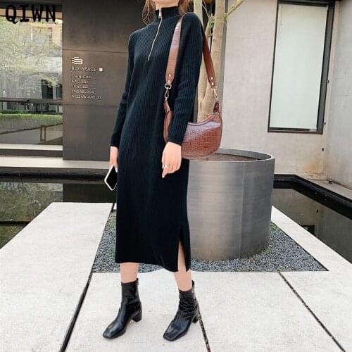 One-Piece Winter Thicken Sweater Dress Women Zipper Turtleneck Knitted Pullover Midi Dress Women Korean Long Sleeve Knit Dresses