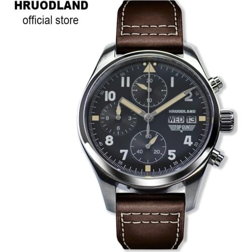 Hruodland Stainless Steel Quartz Men Watches Sapphire Crystal 100m Water Resistant Multifunction Chronograph Pilot Wristwatch