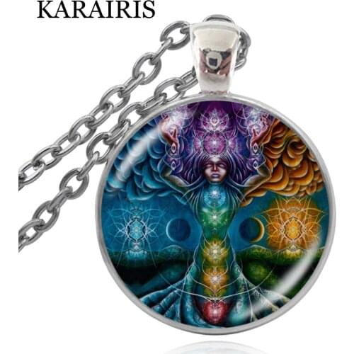 KARAIRIS 7 Chakra Symbols Pendant Necklace Man Women Chakra Yoga Meditation Necklace Glass Cabochon Buddhism Indian Jewelry