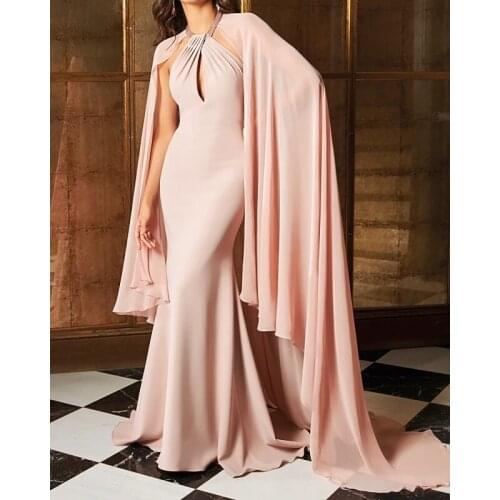 Beautiful Pink Engagement Formal Evening Dress Halter Sleeveless Sweep Train Chiffon Prom Gowns with Shawl robe de soriee