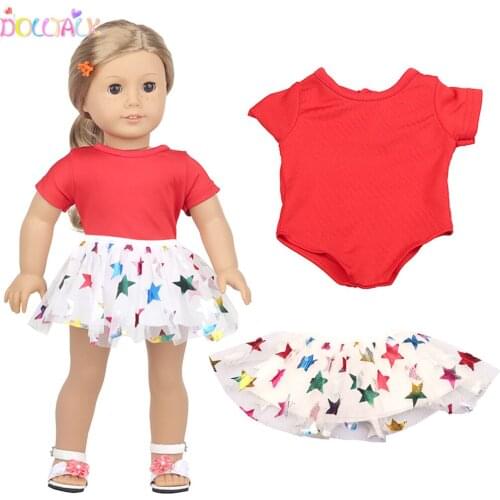 Fashion Cute 18 Inch American Doll Bodysuit+Dress Set Five Pointed Star Gauze Skirt Clothes For 46cm New Born Baby Girl Dolls