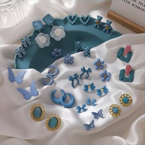 2021 Trend Jewelry Popular Blue Earrings Literature Small Fresh Blue Flowers Geometric Earrings Cute Female Jewelry Holiday Gift