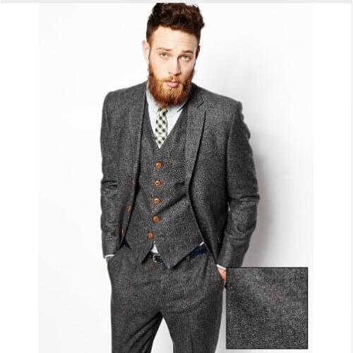 2019 Fashion Grey Smoking Tweed Men Suit 3 Pieces Groom Tuxedo Mens Suits Custom Made Slim Fit Groomsmen ( Jacket+Pants+Vest)