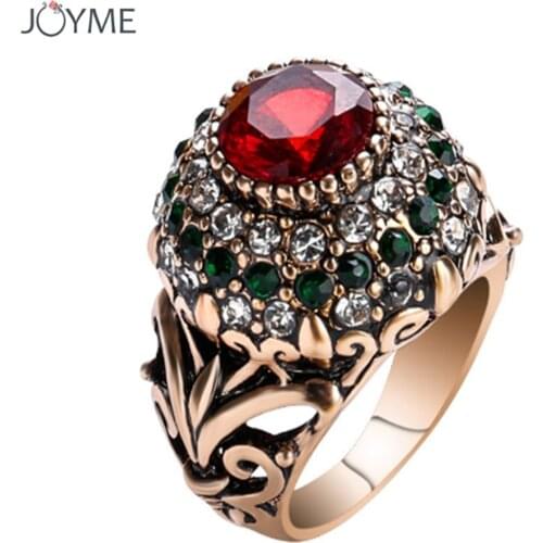 New Luxury Big Natural Stone Ring Vintage Crystal Antique Rings For Women Gold Color Party Christmas Gift Charm Turkish Jewelry
