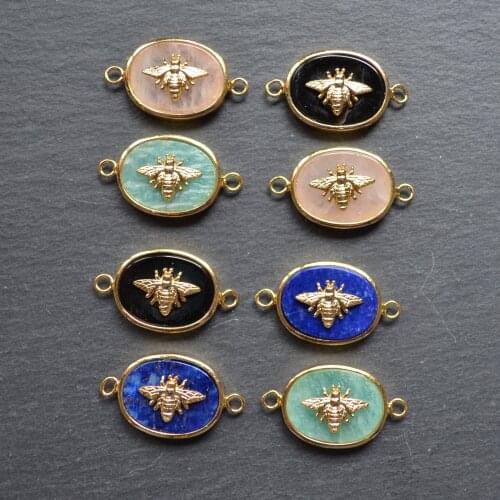 New oval nature stone crystal connector with gold electroplated insect paved ,quartz connector pendant