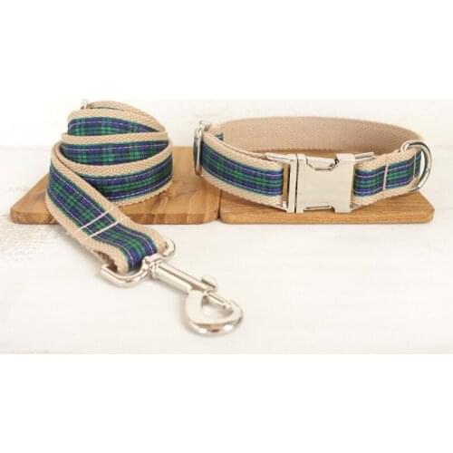 Katu Pet Luxury Designer Dog Collars Personalized ID Green Plaid Patterns Pet Collar and Leash Set Quick Release Walking Leads