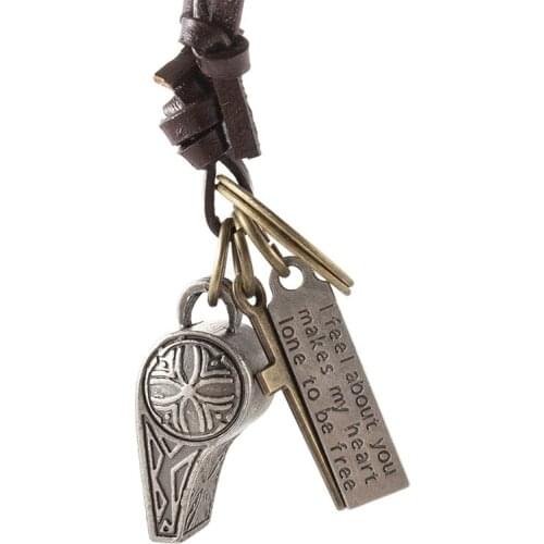 Jessingshow Punk Style Whistle Necklace & Pendants Vintage Brown Leather Necklace for Women Men Jewelry Statement Necklace