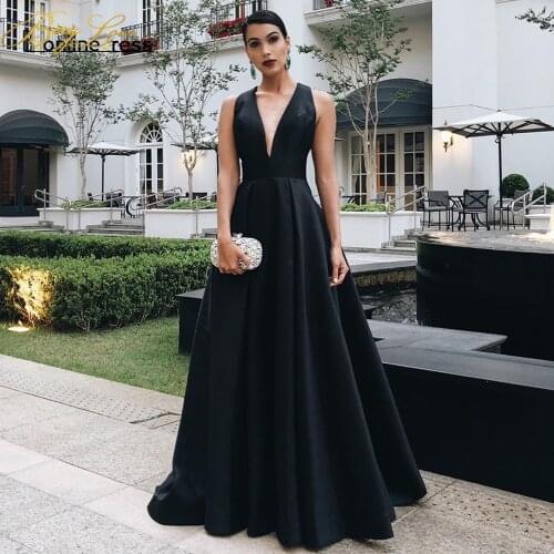 BeryLove Black Satin Evening Dress V neck Back Bow Formal Party Gown Flowing Soft Prom Dresses Vintage Floor Length Long dress