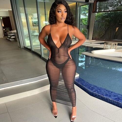 Adogirl Summer Spaghetti Strap Deep V Neck Maxi Dress Women Sexy See Through Sleeveless Backless Bodycon Club Long Dresses