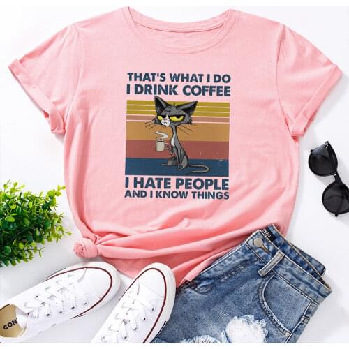 I Drink Coffee Cat Animal Graphic Tees for Women Cotton Short Sleeve Tee Woman T-Shirts Female Shirt Tops Summer Casual Clothes