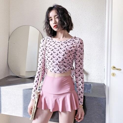 Rashguard Female Long Sleeve Swimsuit Woman Bathing Suit Surfing Sports 2020 New Girl Concealing Split Plaid Polyester