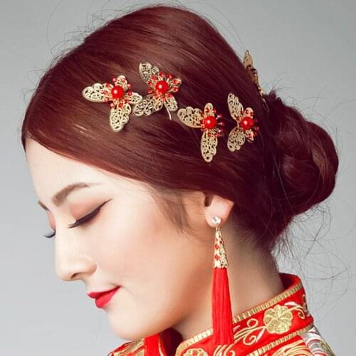 Luxury Retro Butterfly Shape Hair Sticks Beads Decorations Gold Silver Headwear For Women Ladies 3 pcs/pack 7678