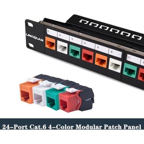 Network Patch Panel 19 inch 24-Port Cat.6 4-Color ModularDistribution Frame Network Cable RJ45 Tool-less Keystone Jack Adapter