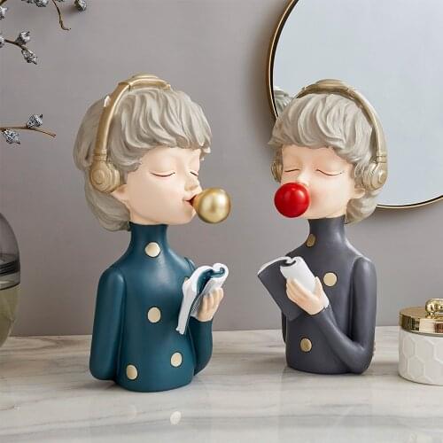 Modern Art Sculpture Bubble Girl Furnishings Fruit Plate Resin Character Model Figurines for Home Nordic Home Decoration Gifts