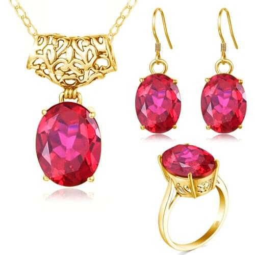 Szjinao 14K Gold Color jewelry Sets Women 925 Sterling Silver Ruby Gemstone Gold Plated Luxury Ring Earring Pendant Set Gift New