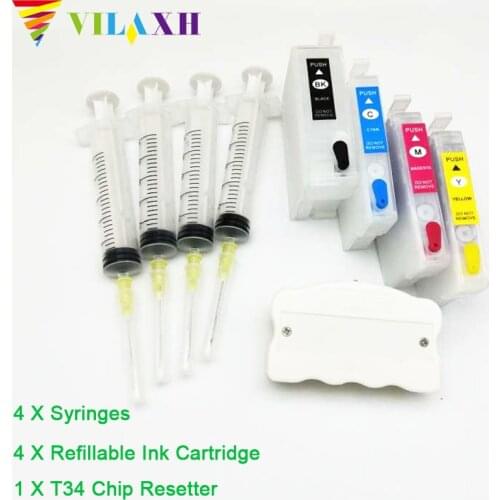 Vilaxh T34 34 XL chip resetter +4pcs WF3725 Refillable Cartridge Without Chip for Epson WF3720 WF-3720DWF WF-3725DWF WF3725