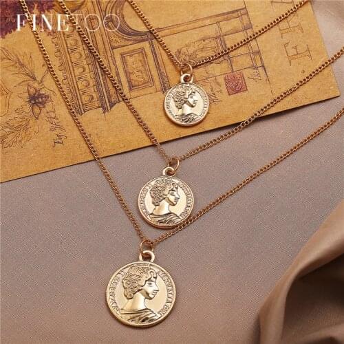 Vintage Multi Layered Portrait Coin Necklace Women Fashion Gold Engraved Medallion Pendant Necklace Long Necklace Collares