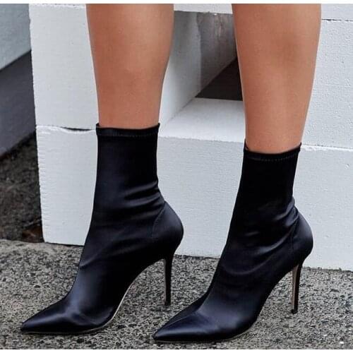 New Spring Women Sexy Black Color Elastic Satin Pointed Toe Mid-calf Thin Heels Slip On Party Short Boots Slim Botas Booties