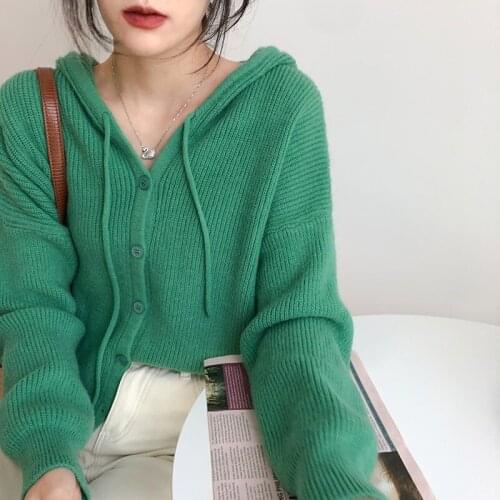 2021 Autumn Winter Hooded Knitted Cardigan Sweater Women 2021 New Casual Loose Long Sleeve Oversize Sweaters Female Green Coat