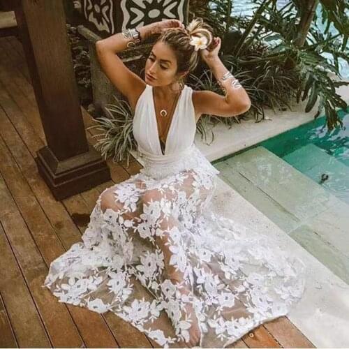 2021 Summer Women Sexy Long Dress Transparent White Lace Backless Sleeveless Maxi Tunic Beach Dress HB38