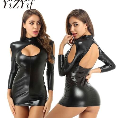 Women Bodycon Mini Dress Clubwear Dress with G-string Briefs Wet Look Patent Leather 3/4 Sleeves Cut Out Shoulders Mini Dress