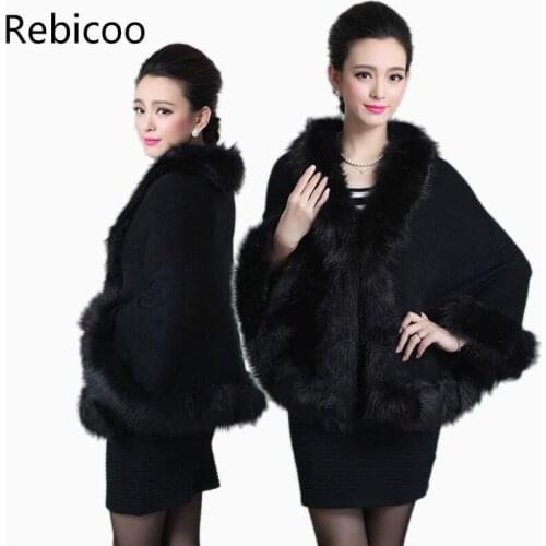 Women Faux Fur Coat Winter Black Sweater Cardigan Female Fox Fur Collar Poncho Cape Bridal Wedding Wool Shawl Cape 12 Colours