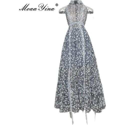 MoaaYina Fashion Runway 2021 Summer Gorgeous Party Dresses Womens Stand-up collar High waist Embroidery Mesh Midi Dress