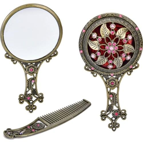 2PCS/Set 2020 Retro Bronze Handheld Mirrors Hollow Cosmetic Compact Mirror Comb Set With Gift Box Random Color