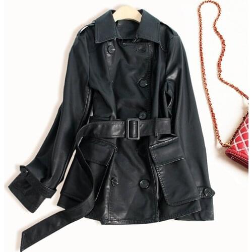 2020 autumn winter women faux leather jackets OL double breasted belt slim PU leather coats black A135