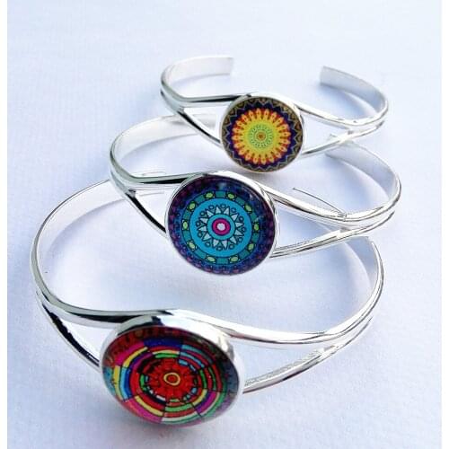 24pcs(Mixed 12styles) high-quality Most popular Mandala Flower Buddhism Zen Picture Charm Cuff Glass Cabochon Bracelets Bangle