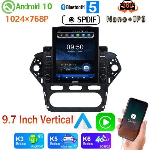 Android auto Nano+IPS 9.7" Vertical Tesla Android 10.0 Car Media Radio GPS PX6 4+64G For Ford Mondeo 2011-2012 AT MT 360 Camera