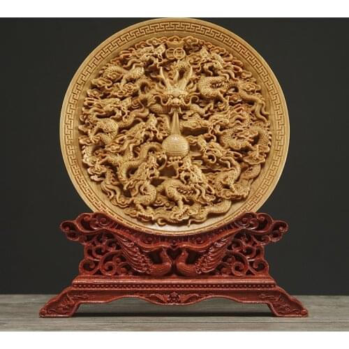 Thuja Wood 14CM Decorative Dish Sculpture Boat Wood Wealth Carving Lucky Gift Collection Dragon Phoenix Home Decor