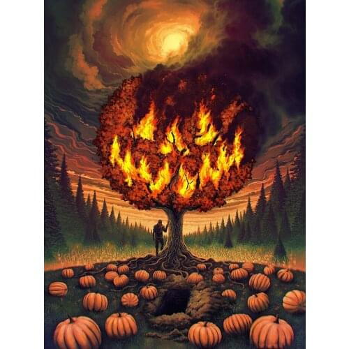 JMINE Div 5D halloween Pumpkin tree fire Full Diamond Painting cross stitch kits art Scenic 3D paint by diamonds