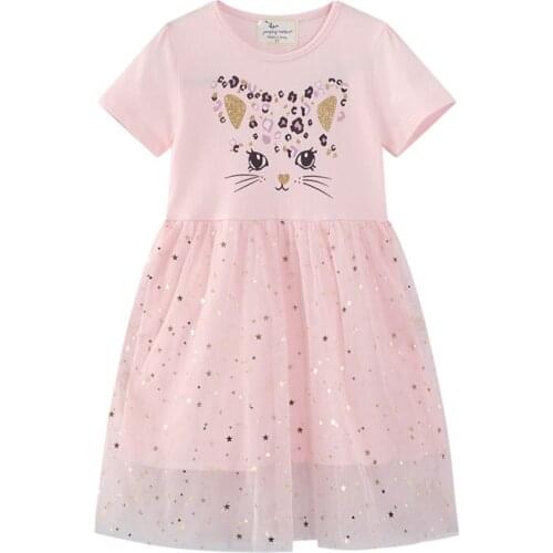 Princess Summer Girls Party Clothing Beading Cat Kids Dresses Short Sleeve Childrens Frocks Costume