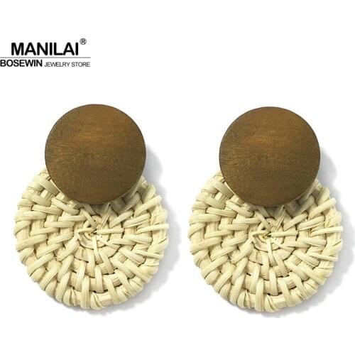 MANILAI Bohemia Wood Straw Round Earrings For Women Elegant Circular 3 Color Handmade Rattan Weaving Stud Earrings Jewelry