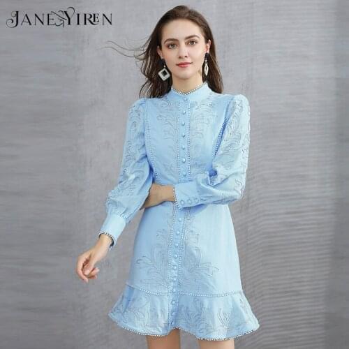 Janeyiren Fashion Designer dress Spring Womens Dress Stand collar Long sleeve Single-breasted Embroidery Cotton linen Dresses