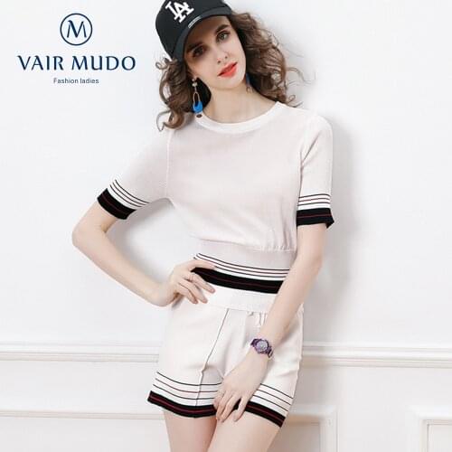 Fashion Two-Piece Women Suit Thin Round Neck Short-Sleeved Striped Sweater Stretch Shorts Casual Fashion Suit Female Summer Y-72
