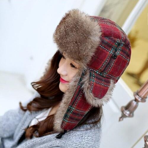 Newly Checkered Winter Bomber Hat For Women Men Russian Hat Unisex Earflap Hat Cap Cold Winter Earmuff Trooper Hat