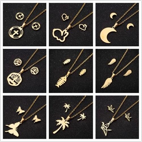 Oly2u Classic Gold Circle Cross Jewelry Sets for Women Stainless Steel Lovely Butterfly Rabbit Necklace Earrings for Women