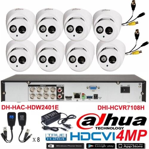 Original DAHUA 4MP Waterproof Camera DH-HAC-HDW2401E CVI Dome camera with 4MP Digital CVR DHI-HCVR7108H security camera kit
