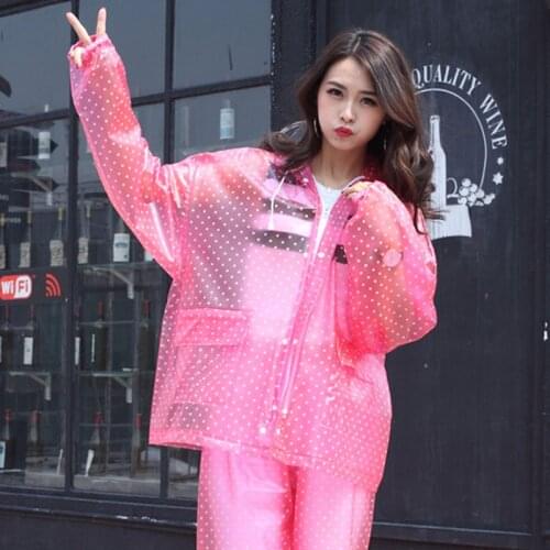 Polka Dot Raincoat Transparent Women Rain Coat With Pant Camping Mujer Motorcycle Rain gear Abrigo Mujer LZG206