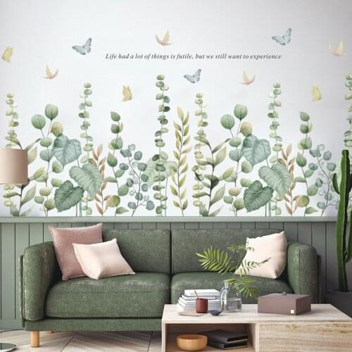 Plant Green Leaves Wall Decals Longliness Leaf Butterfly Wall Sticker For Living Room Bedroom Safa Background Decor Wall Decal