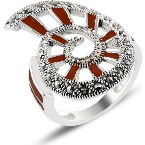 Silver 925 Sterling Sea Shell Red Enamel & Marcasite Ring