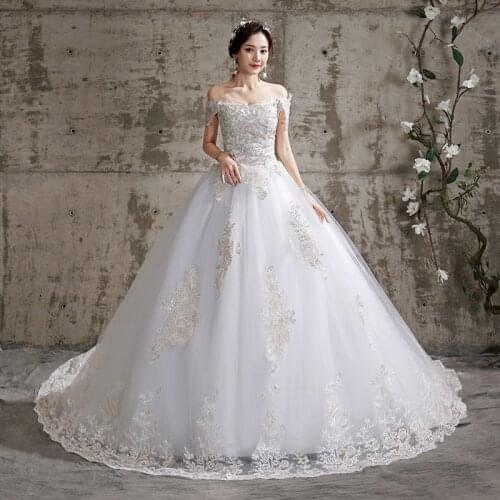Vestido De Noiva Cheap Wedding Dresses Boat Neck Wedding Gown With Train Lace Up Ball Gown Robe De Mariee Plus Size