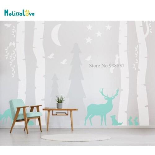Woodland Birch Tree Animals Forest Baby Room Nursery Decal Deer Kids Custom Wall Sticker Vinyl Removable BB830