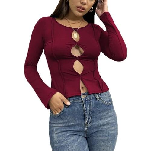 YSDNCHI Hollow Out Long Sleeve Tops Knitwear T-shirt Patchwork Women Sexy Party Bodycon Club Spring Autumn Street Style Clothes