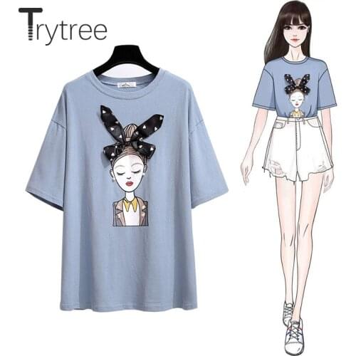Trytree 2020 Summer Woman T-shirt Casual O-neck 4 Colors Appliques Dot Bow Cotton Blend Cartoon Girl Printed T-shirt Young Tops