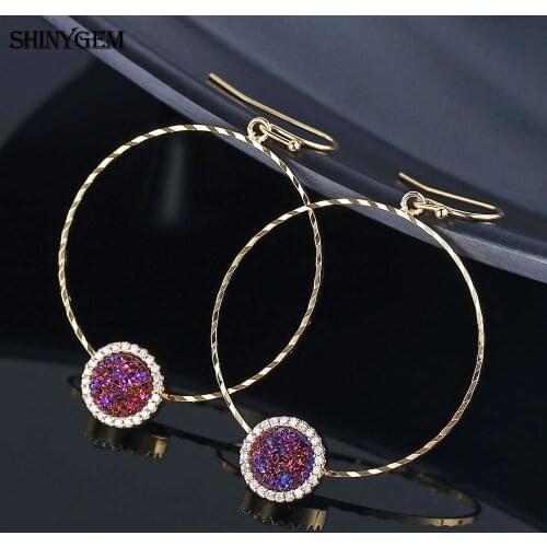 ShinyGem Large Circle Drop Earrings Sparkling Natural Druzy Earrings Twist Smooth Big Round Golden Gem Stone Earrings For Women