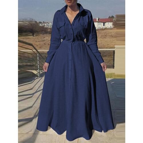 Women Maxi Dress VONDA 2021 Spring Pleated Casual Turn Down Collar Button Up Shirt Dresses Retro Bohemian Vestidos